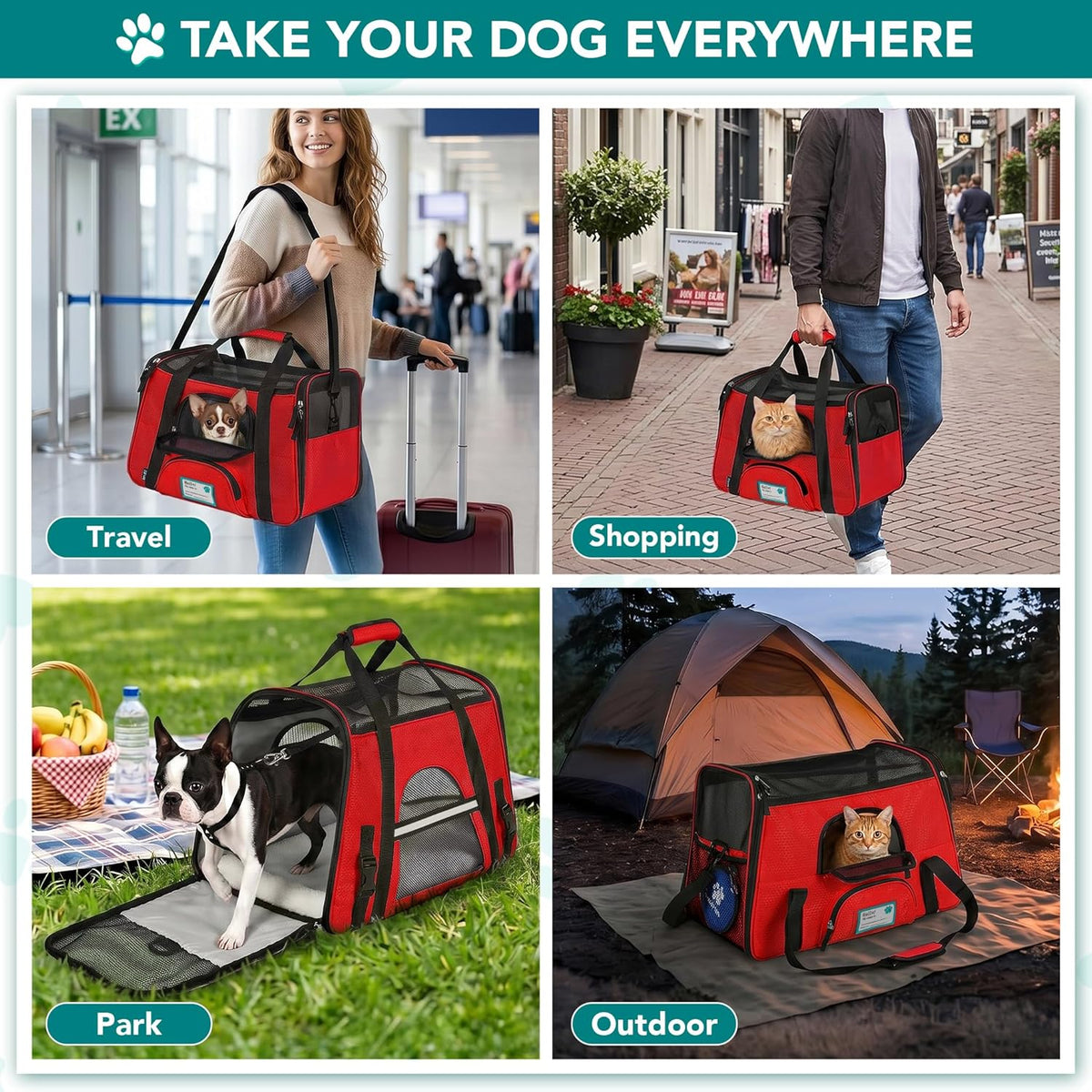 Red soft-sided travel pet carrier, view 7 of 7