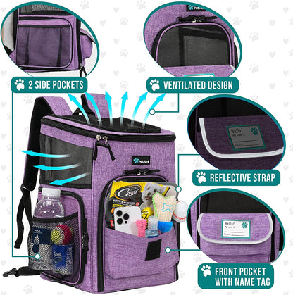 Purple pet backpack carrier - pockets and ventilation