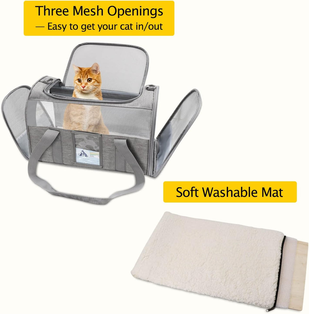 Gray large soft-sided cat carrier - three mesh openings and washable mat