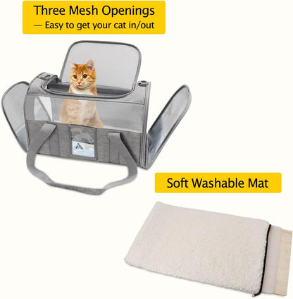 Gray large soft-sided cat carrier - three mesh openings and washable mat