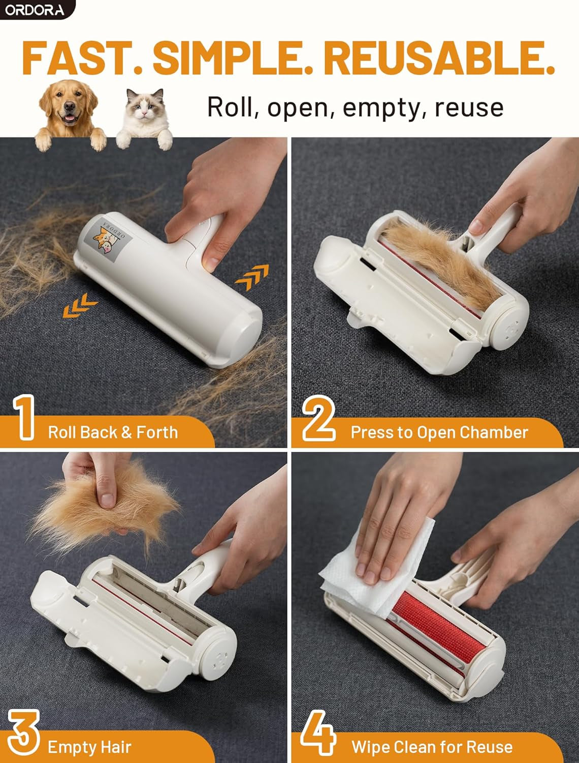 Reusable pet hair remover roller - how to use in 4 steps