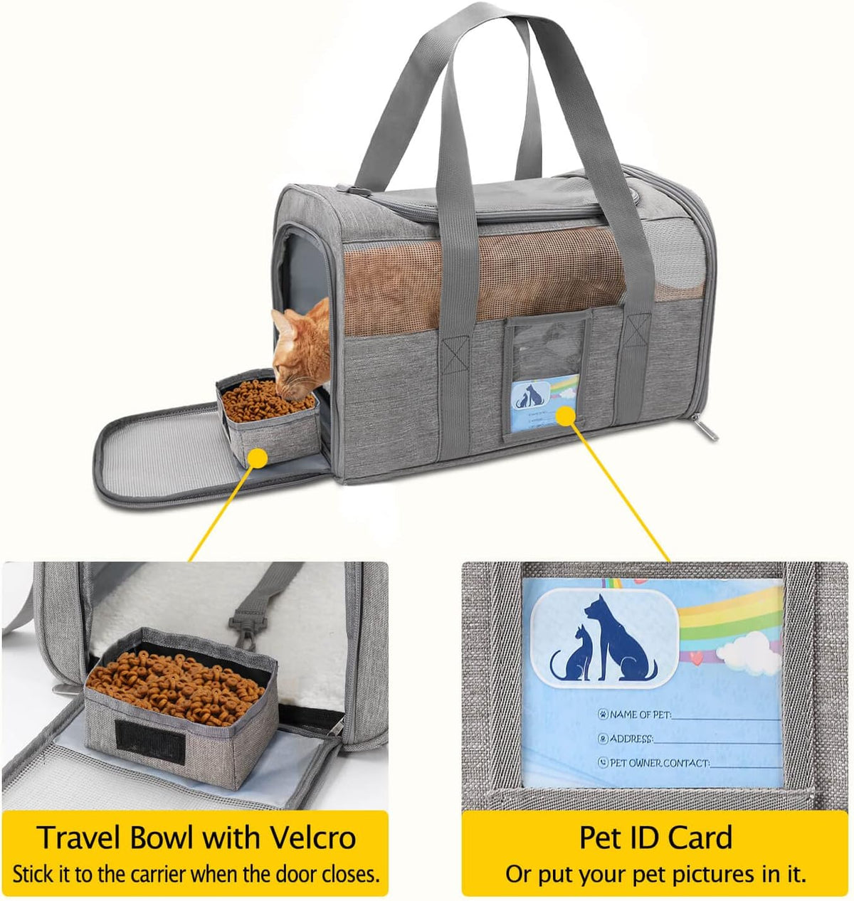 Gray large soft-sided cat carrier - travel bowl and ID card pocket
