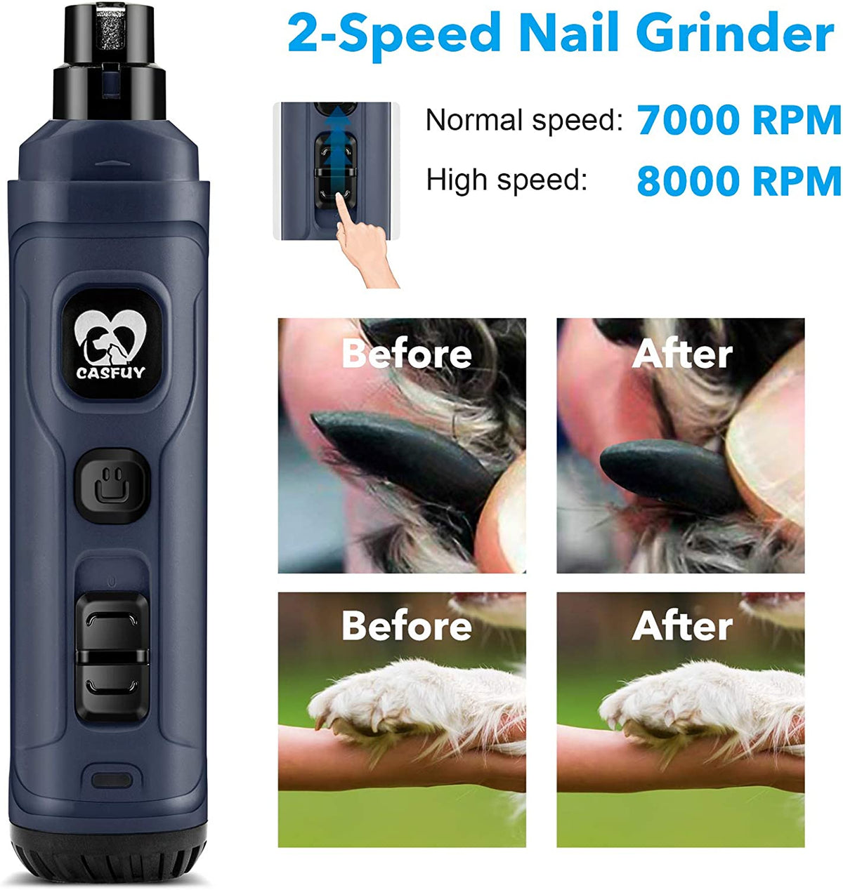 Blue dog nail grinder with LED lights - 2-speed settings with before and after