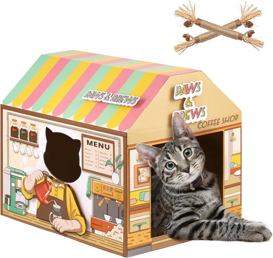 Coffee shop cardboard cat house with scratcher