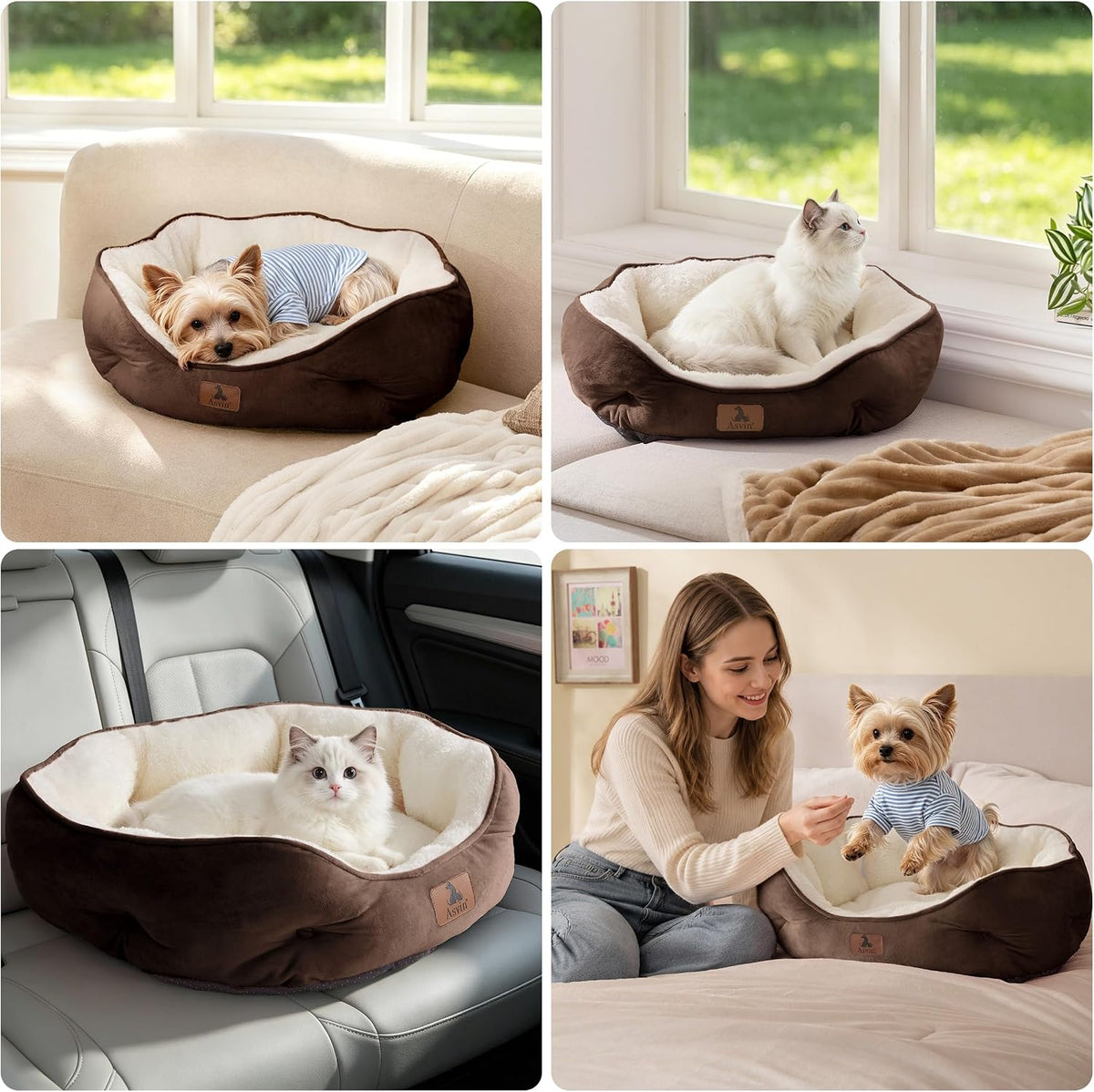 Brown small round pet bed, view 7 of 8