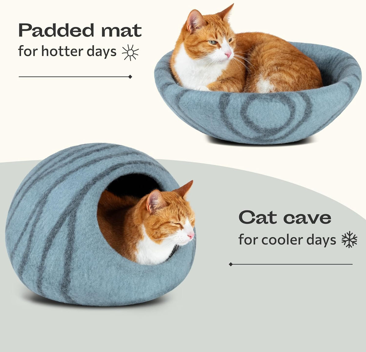 Aquamarine handmade wool cat cave bed, view 4 of 7