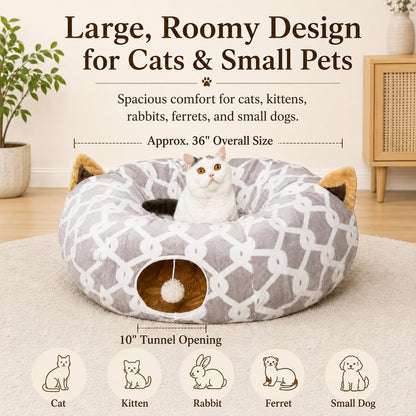 Gray plush cat tunnel bed with toy balls, view 5 of 6