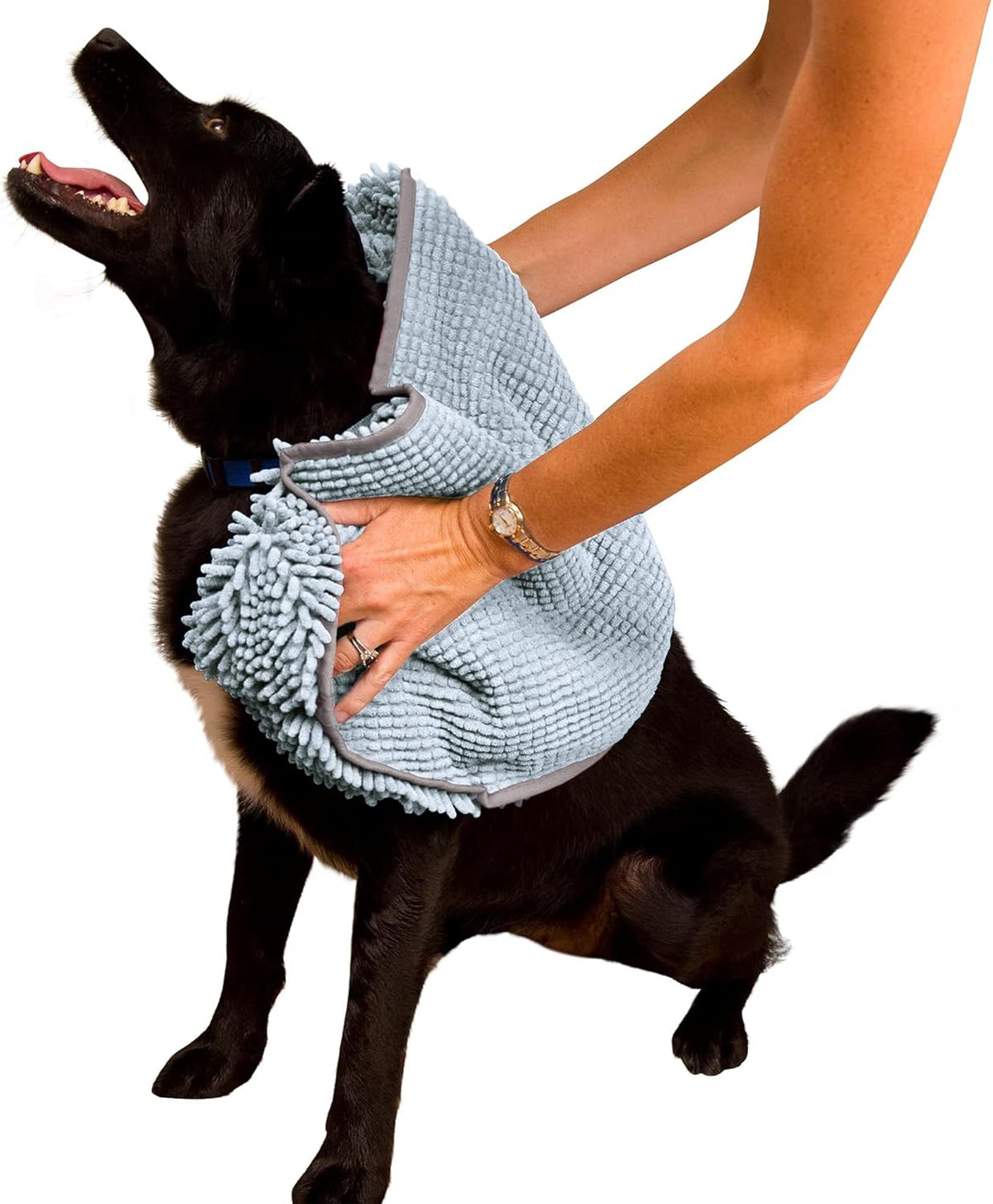 Gray microfiber chenille dog towel - drying a dog
