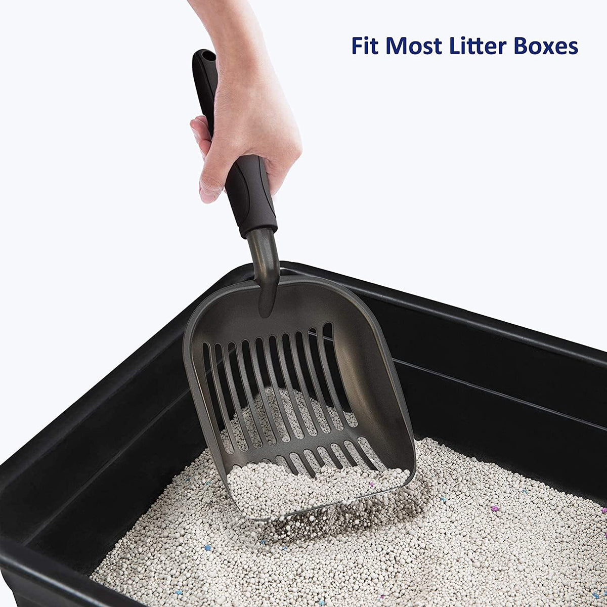 Black non-stick metal cat litter scoop, view 7 of 8