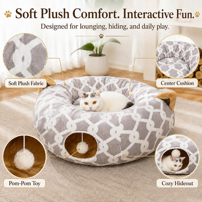 Gray plush cat tunnel bed with toy balls, view 4 of 6
