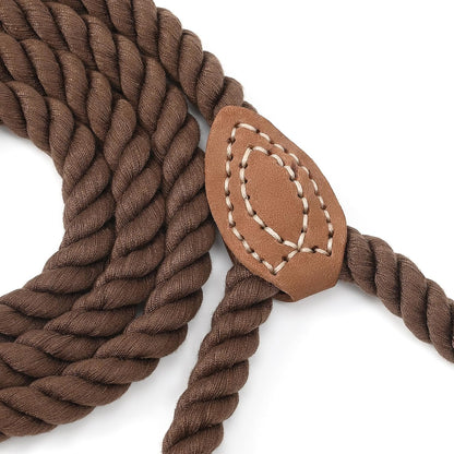 Braided cotton rope dog leash with leather ends, view 6 of 7