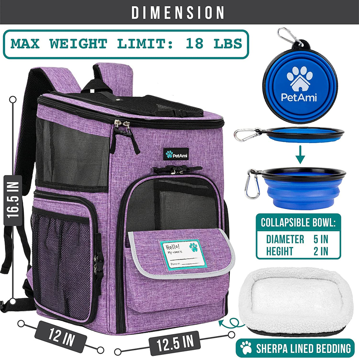 Purple pet backpack carrier - dimensions and included bowl