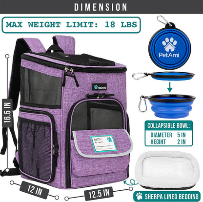 Purple pet backpack carrier - dimensions and included bowl