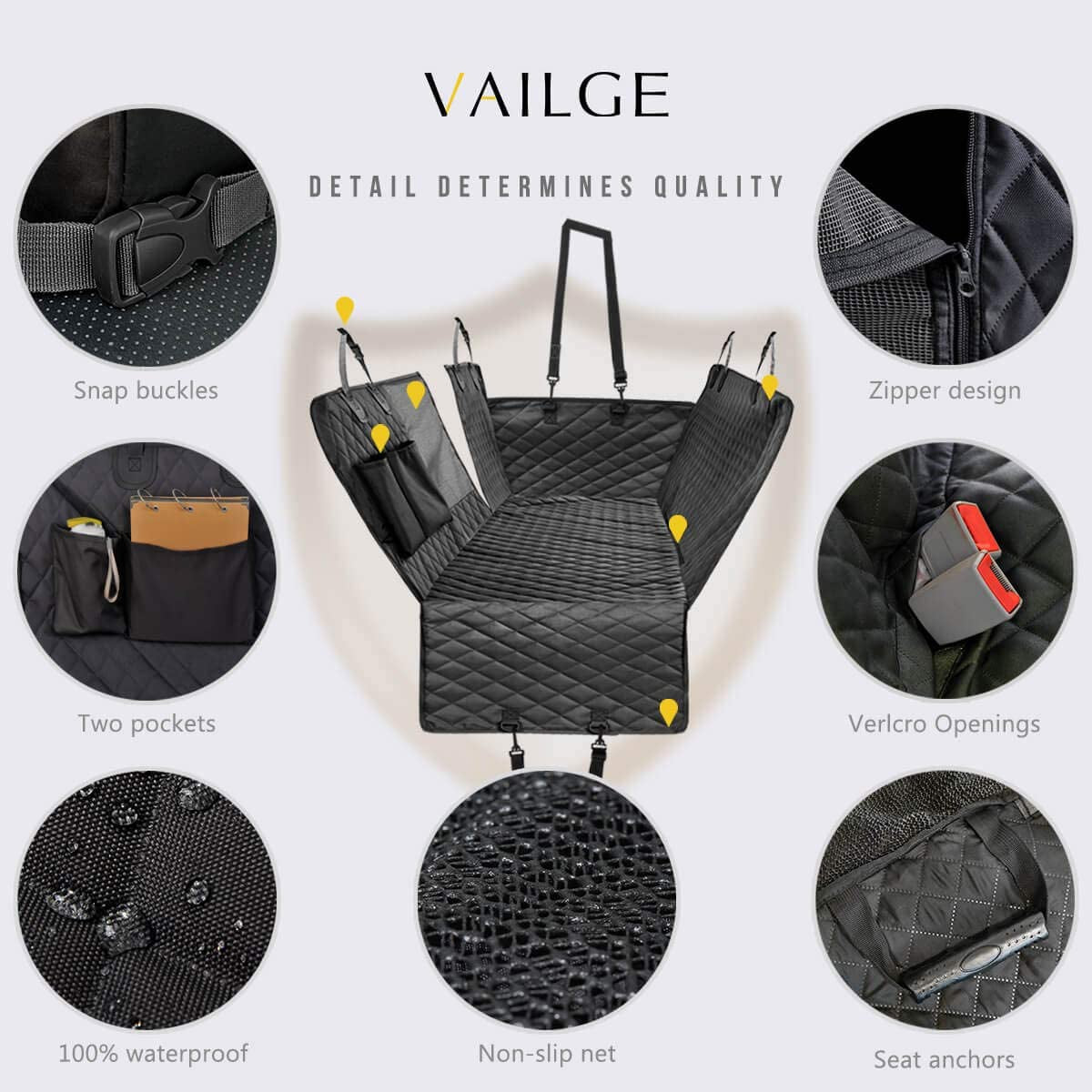Black quilted waterproof back seat cover for dogs, view 6 of 8