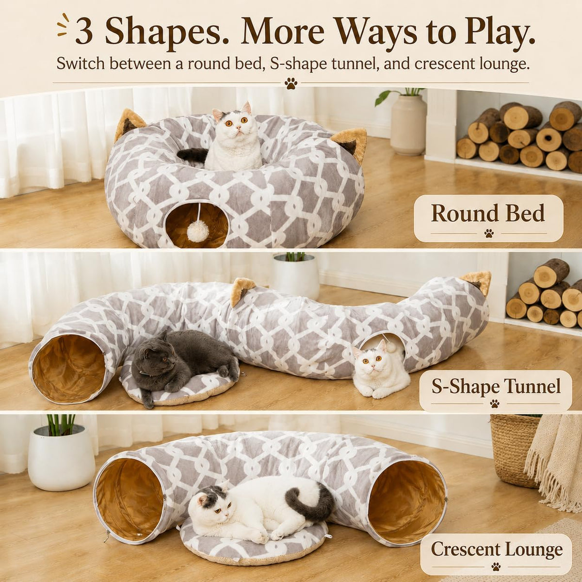 Gray plush cat tunnel bed with toy balls, view 3 of 6