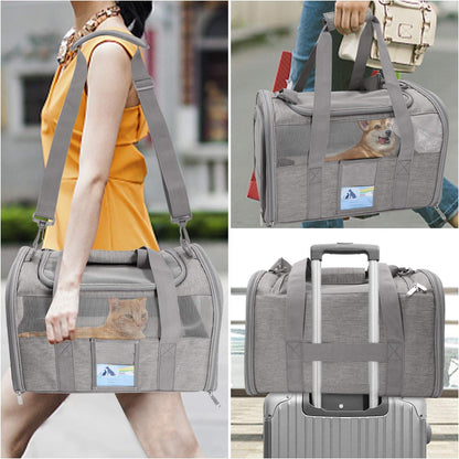 Gray large soft-sided cat carrier - carried on shoulder and luggage