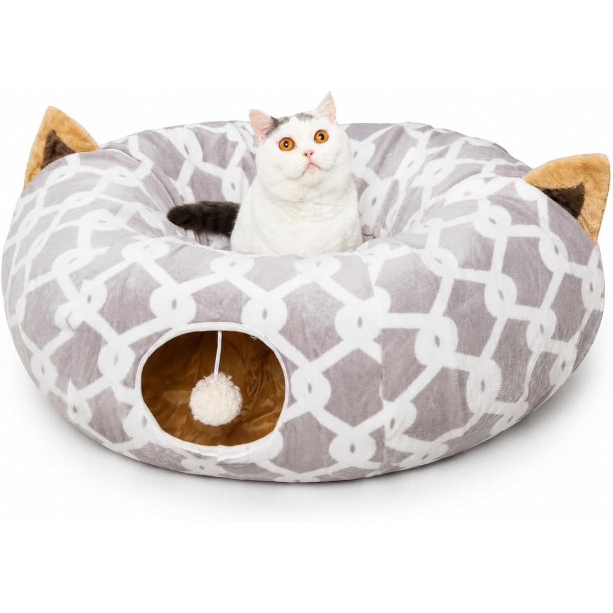 Gray plush cat tunnel bed with toy balls