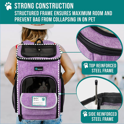 Purple pet backpack carrier - reinforced frame