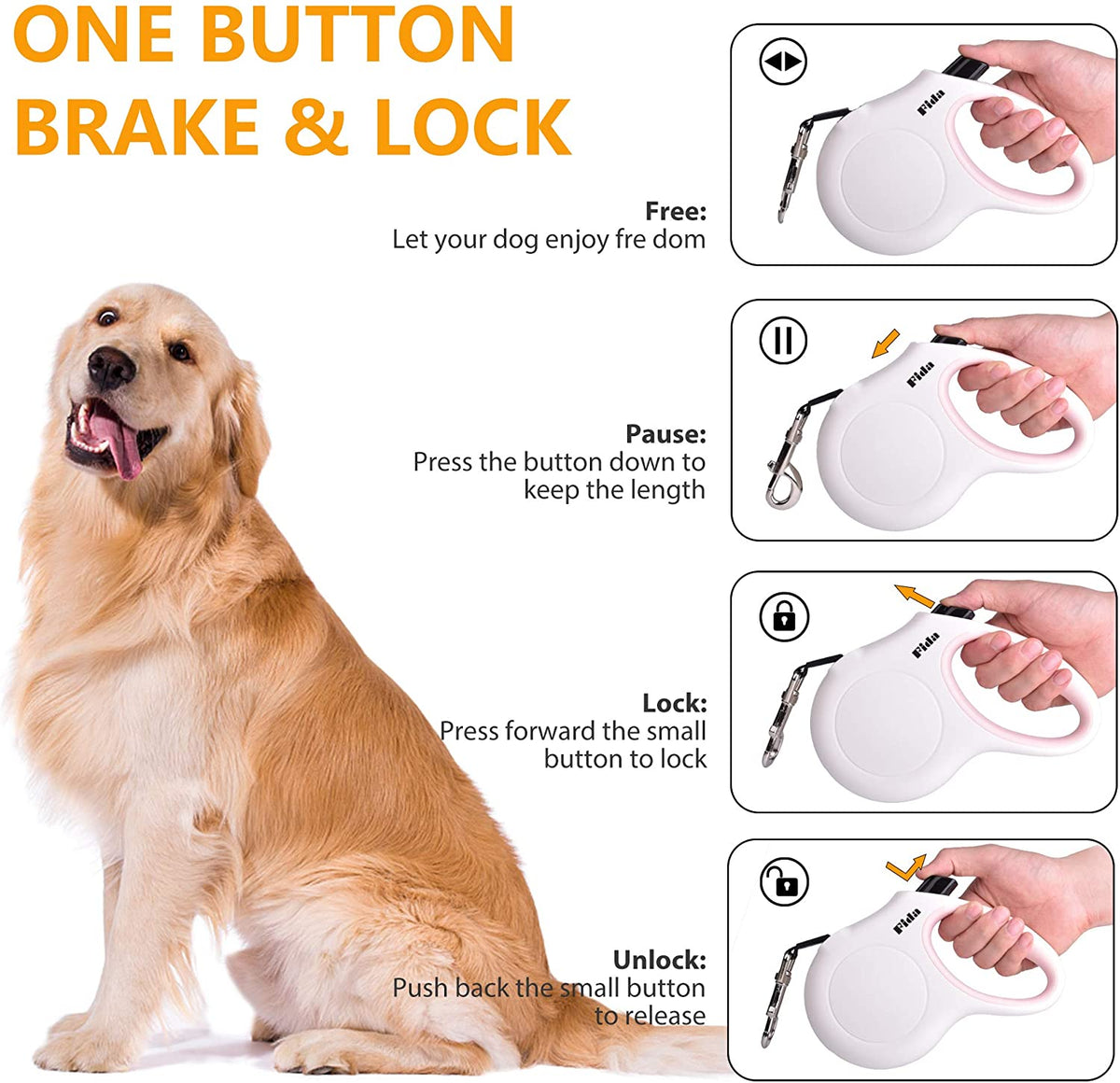 White and pink retractable dog leash - one-button brake and lock