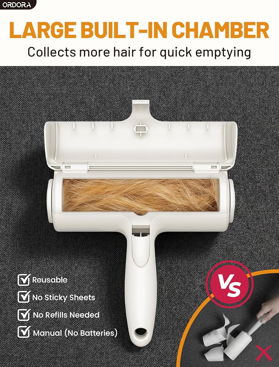 Reusable pet hair remover roller - large built-in chamber