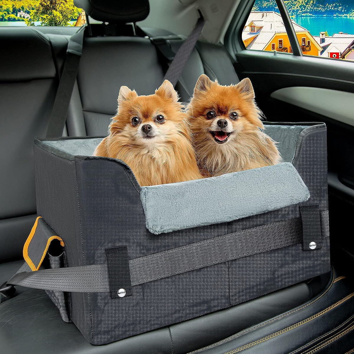 Black elevated dog booster car seat