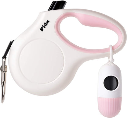 White and pink retractable dog leash with poop bag dispenser