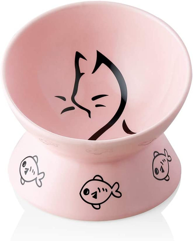 Pink raised tilted ceramic cat bowl