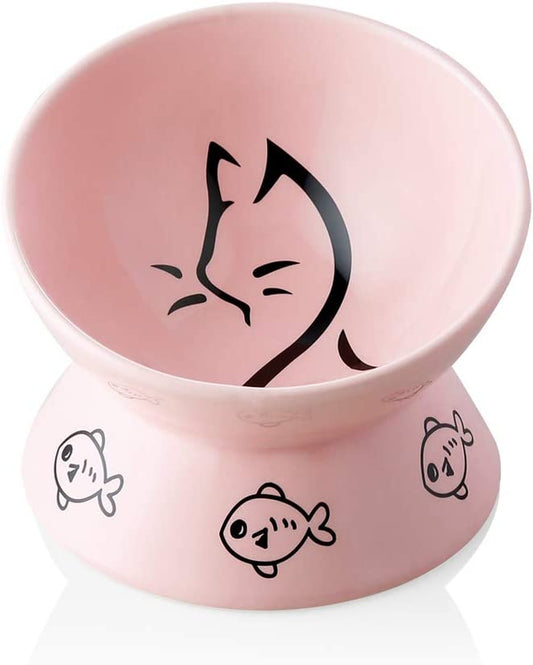 Pink raised tilted ceramic cat bowl