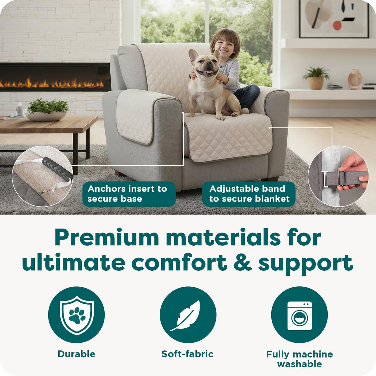 Gray reversible water-resistant sofa cover for pets - anchors and adjustable straps
