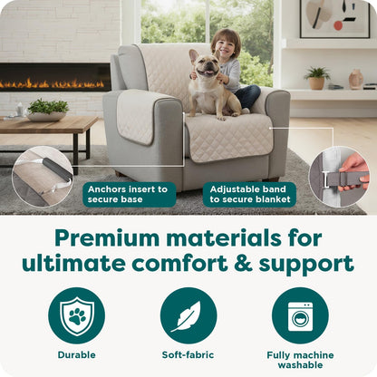 Gray reversible water-resistant sofa cover for pets - anchors and adjustable straps