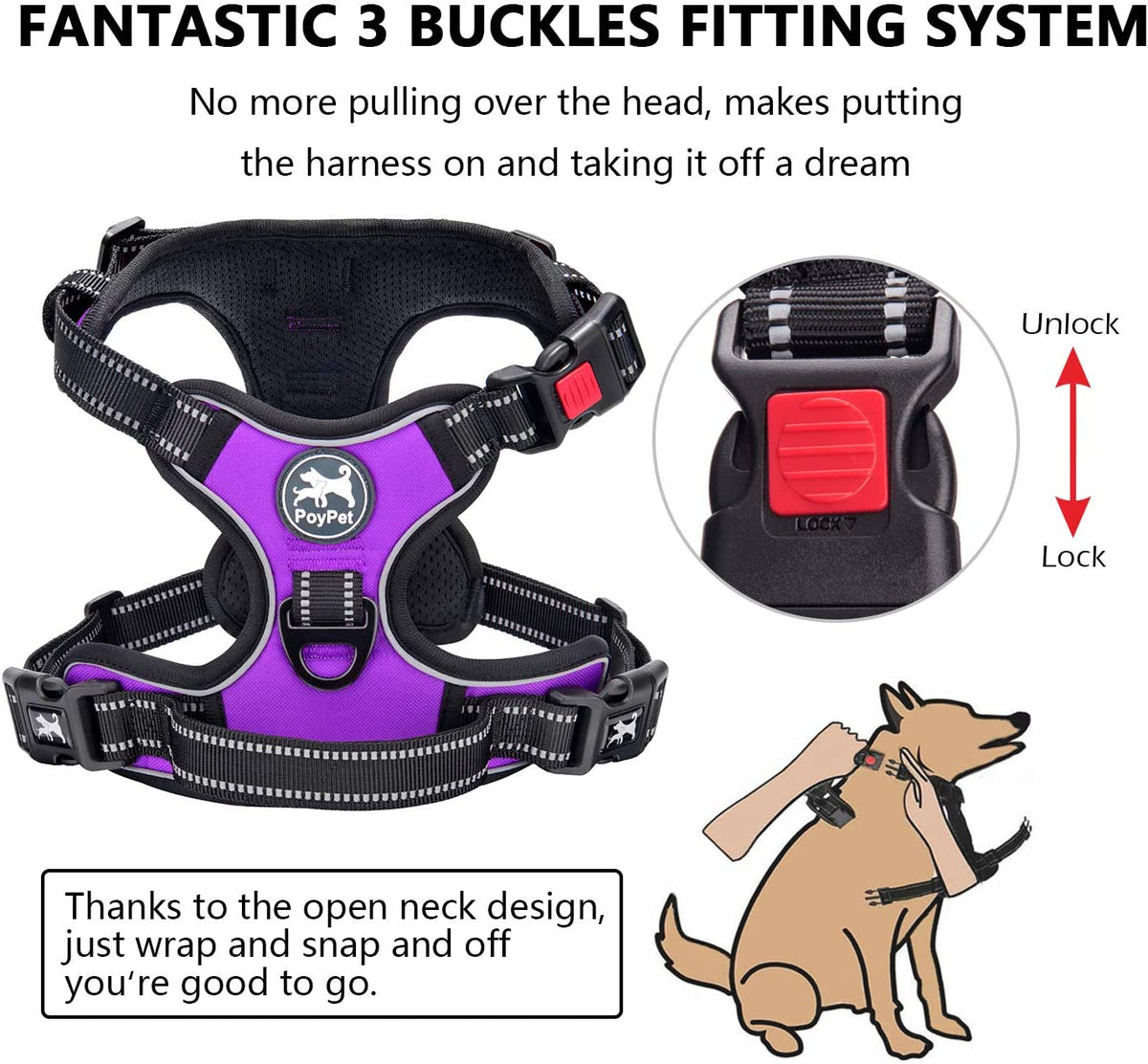 Purple no-pull dog harness with front clip, view 2 of 8