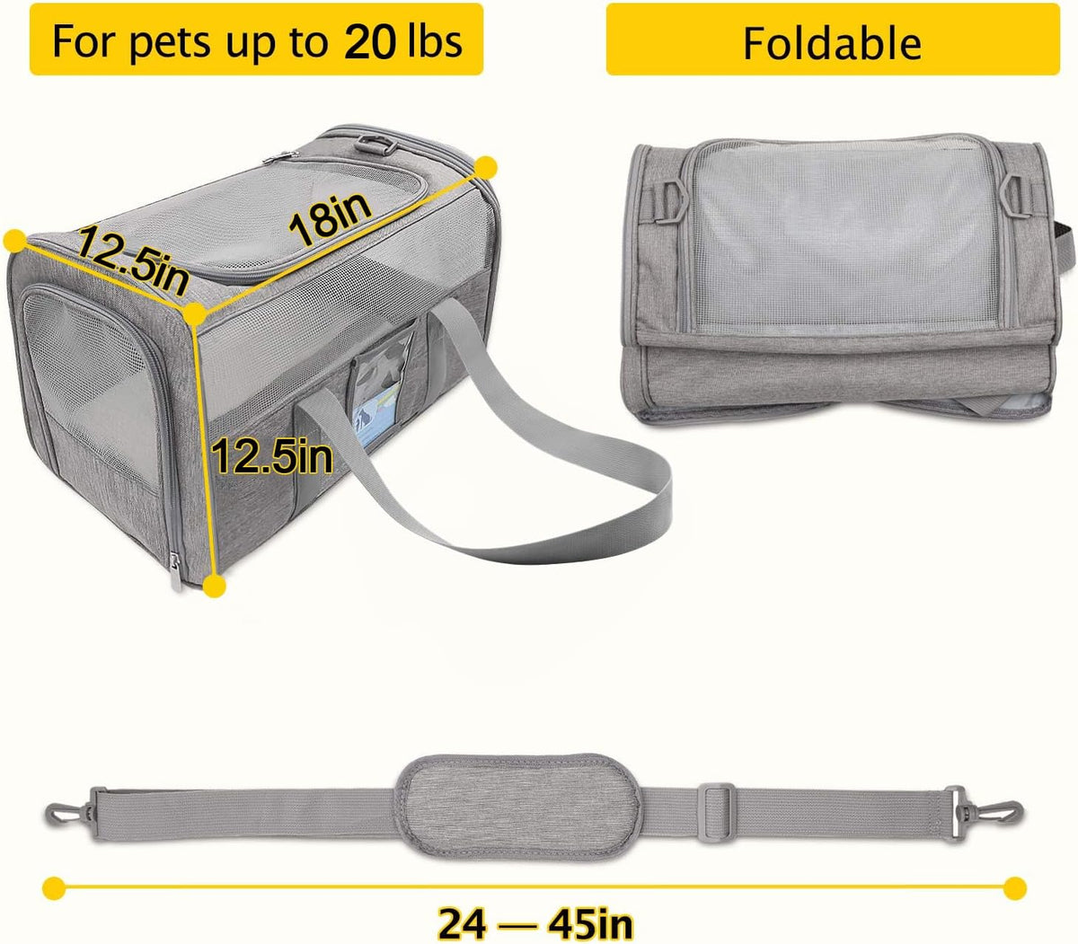 Gray large soft-sided cat carrier - dimensions and shoulder strap