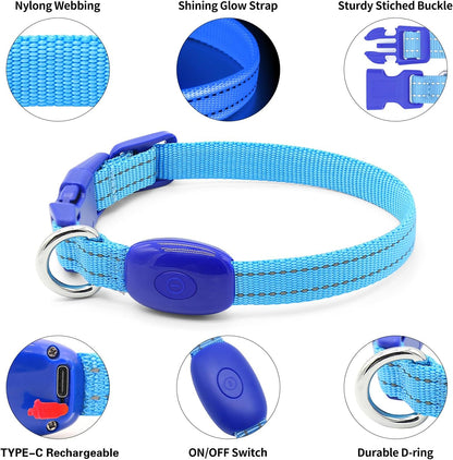 Royal blue rechargeable LED light-up dog collar - features and buckle