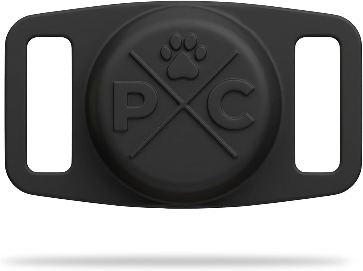 Black silicone AirTag holder on a dog collar