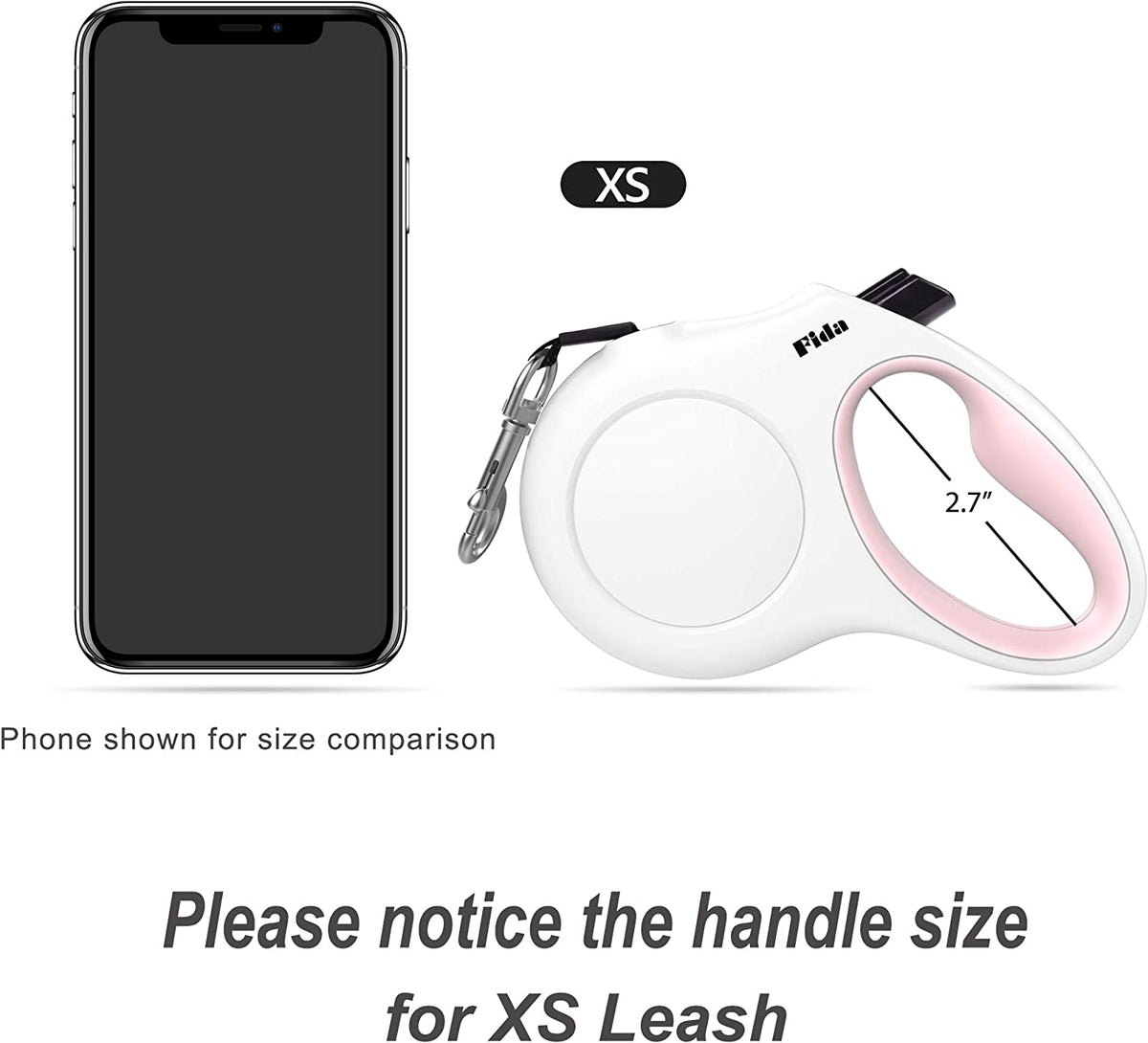 White and pink retractable dog leash - handle size compared to a phone