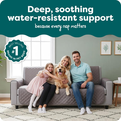 Gray reversible water-resistant sofa cover for pets - family and dog on a protected couch