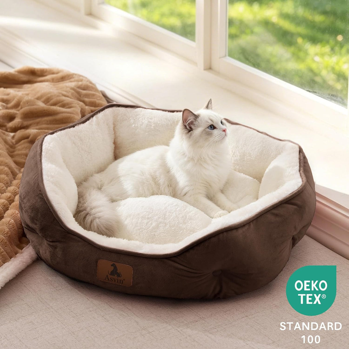 Brown small round pet bed, view 4 of 8
