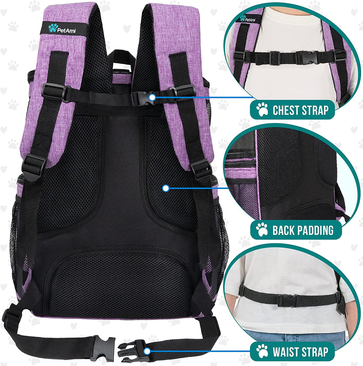 Purple pet backpack carrier - back padding and straps
