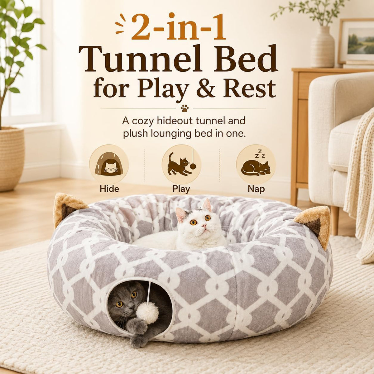 Gray plush cat tunnel bed with toy balls, view 2 of 6