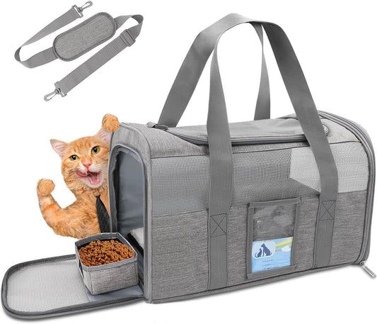 Gray large soft-sided cat carrier with a cat inside