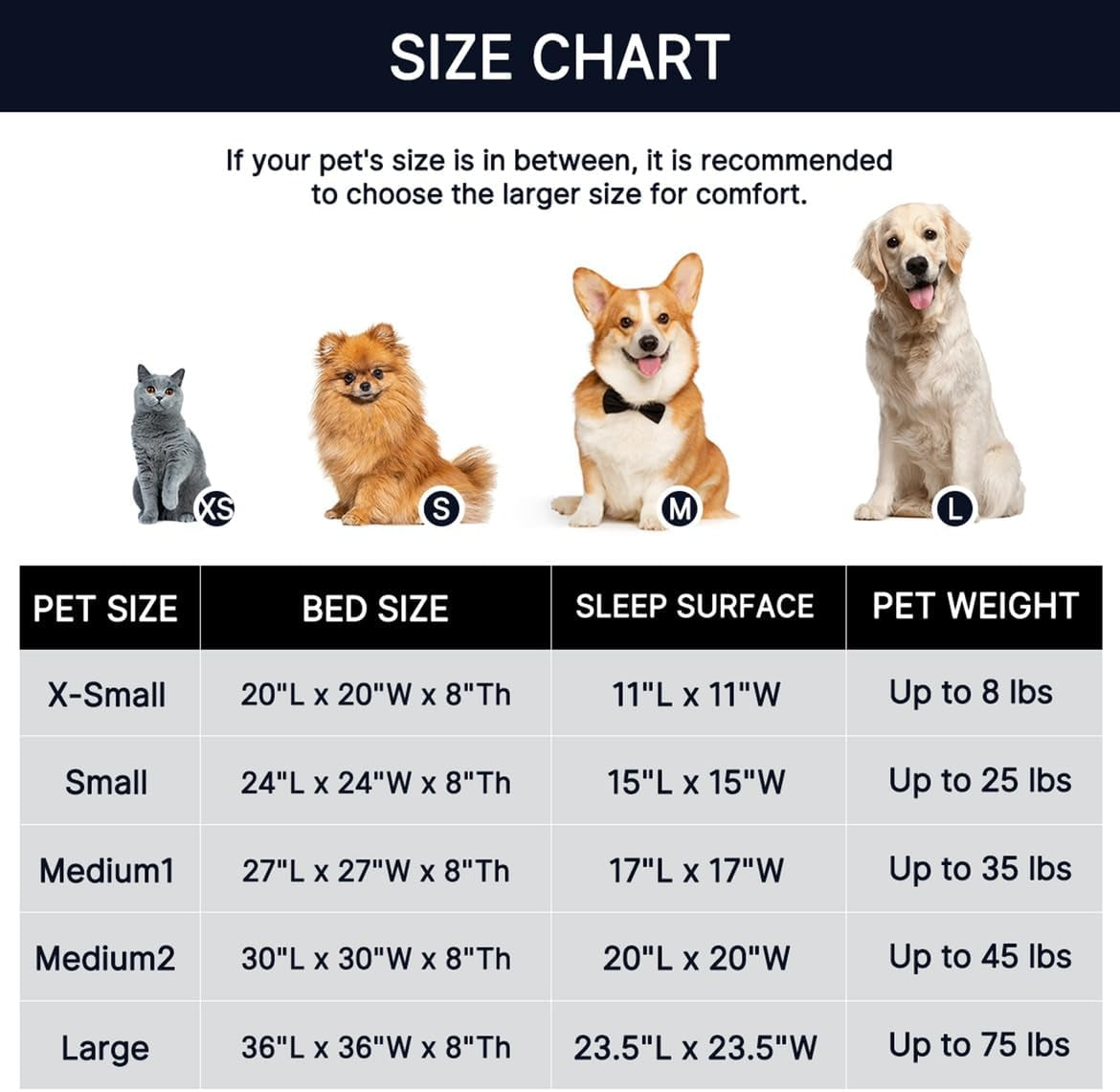 Black faux fur calming donut bed - size chart