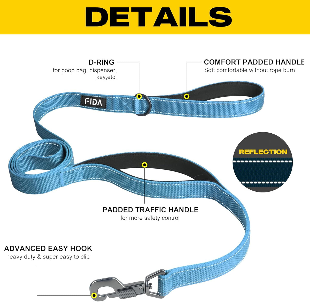 Heavy-duty dog leash with two padded handles, view 2 of 6