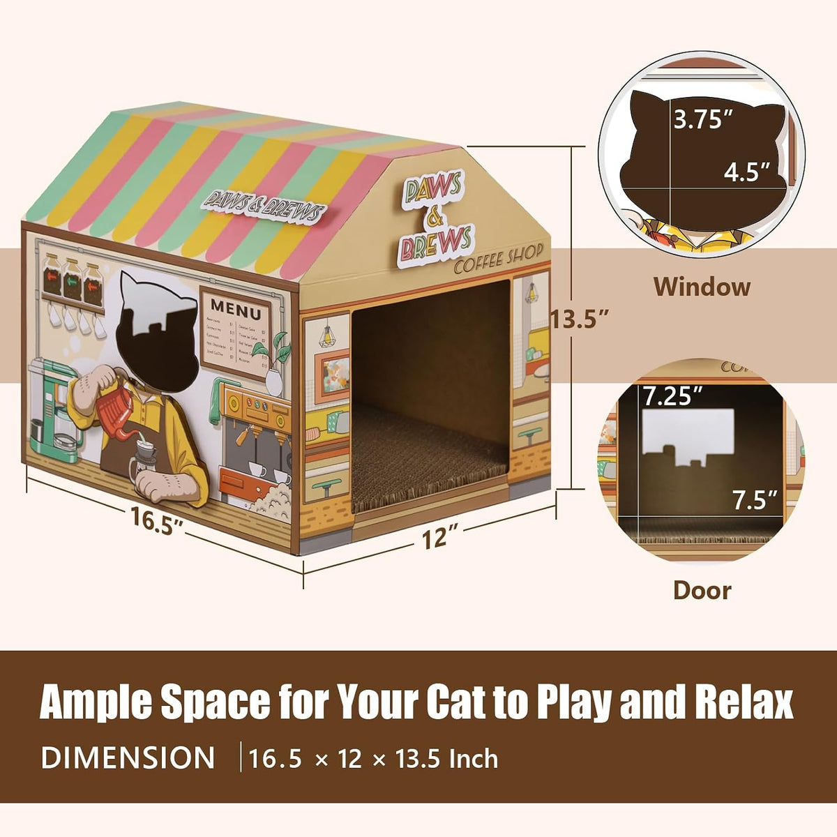 Coffee shop cardboard cat house with scratcher, view 2 of 7