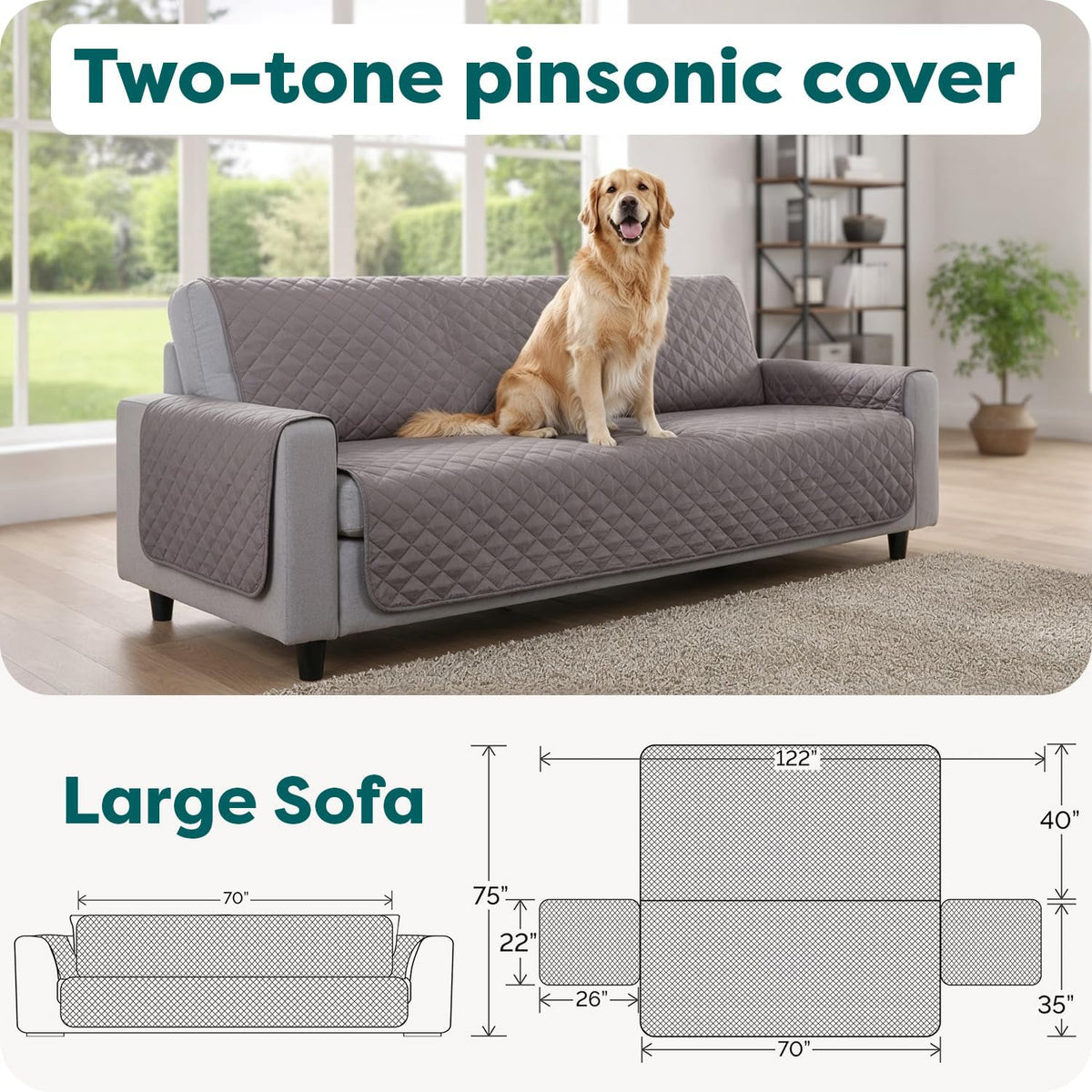 Gray reversible water-resistant sofa cover for pets - two-tone reversible quilting