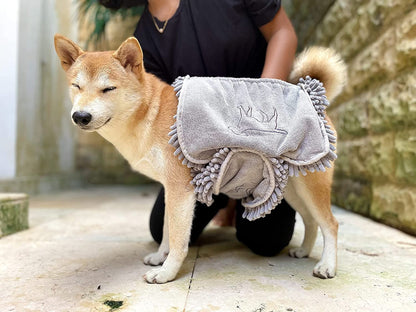 Extra large quick-dry microfiber dog towel - drying a shiba inu