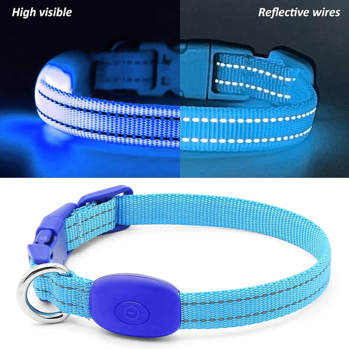 Royal blue rechargeable LED light-up dog collar - reflective strip close-up