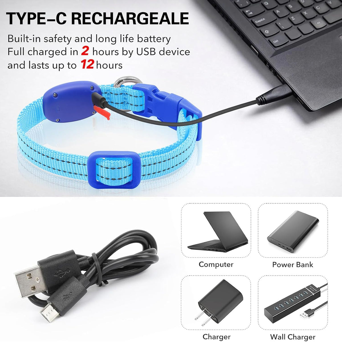 Royal blue rechargeable LED light-up dog collar - USB-C charging