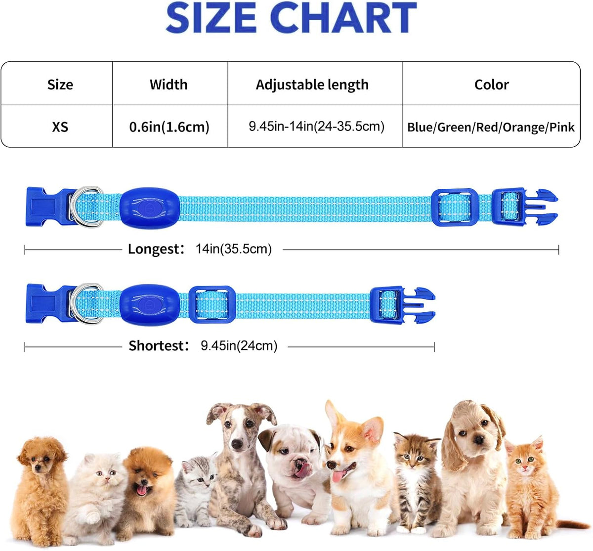 Royal blue rechargeable LED light-up dog collar - size chart