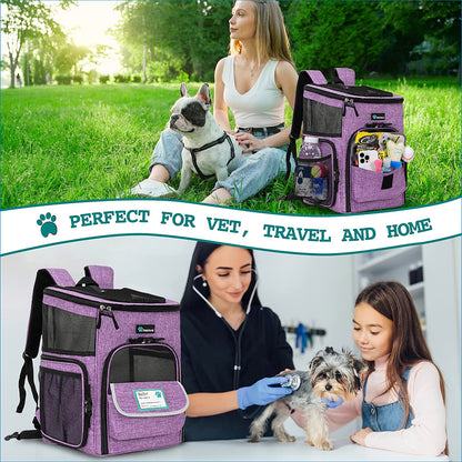 Purple pet backpack carrier - at the vet and outdoors