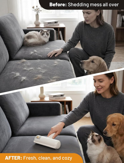 Reusable pet hair remover roller - before and after on a sofa